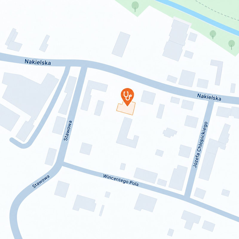 Mapa okolicy placówki Nakielska z zaznaczoną przychodnią